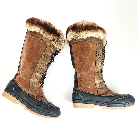 Magellan Faux Fur Boots Size 8 Navy And Brown - Picture 1 of 9